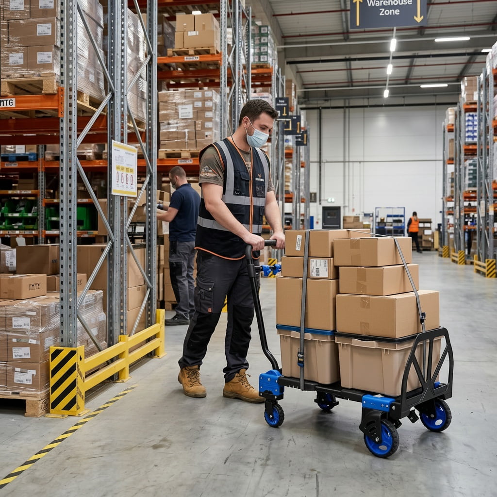 Adnoom 2-in-1 Portable Hand Truck with Retractable Handle & Storage Box, 300 lbs Folding Hand Cart Heavy Duty with 4 Wheels, Furniture Dolly for Moving, Blue