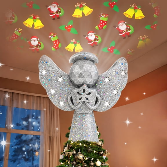 Christmas Tree Toppers Lighted, Christmas Angel Tree Topper with Built-in LED Rotating Lights, 3D Glitter Projection for Xmas Party Holiday Decorations