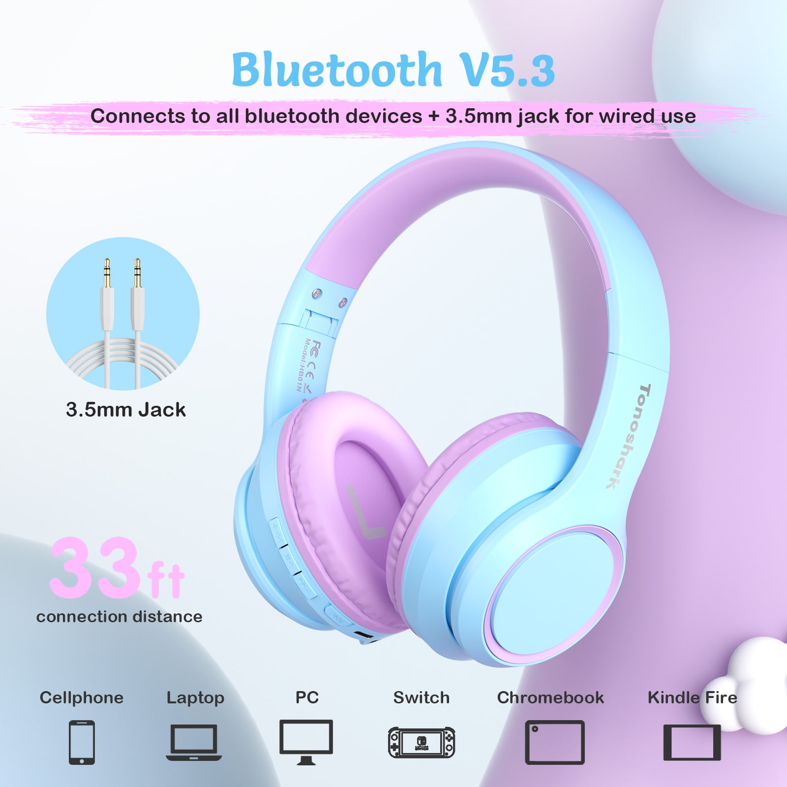 Tonoshark Active Noise Cancelling Headphones for Kids, 60H Playtime,Purple Wireless Bluetooth Over-Ear Headset Built-in Microphone for Home/School/Travel/Party - Includes Portable Case