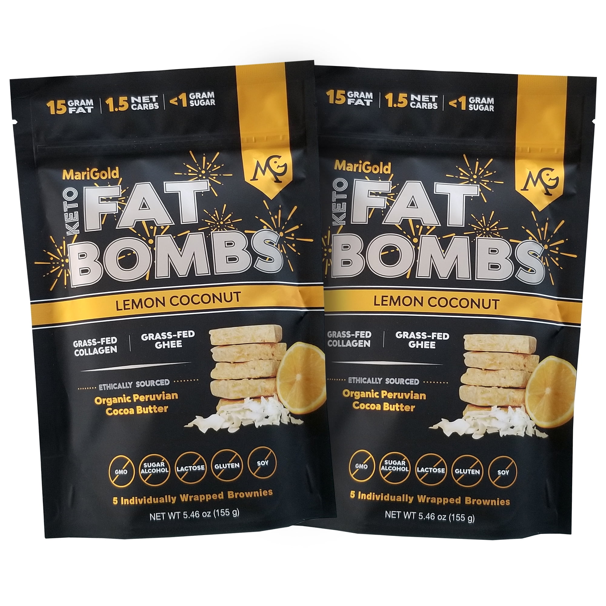 MariGold Keto Fat Bombs - Lemon Coconut - Low Carb, Grass-Fed Collagen and Organic Ghee, Gluten-Free, Non-GMO (2 bags, 5 Servings Each)