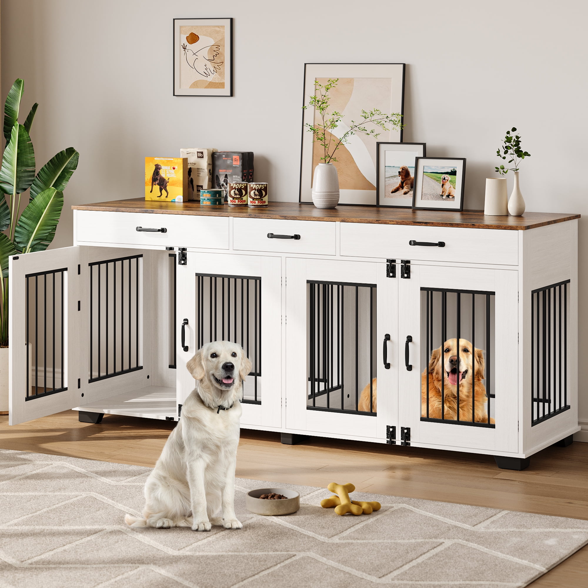 71-Inch Large Dog Crate with 3 Drawers for 2 Dogs, Spacious Wooden Indoor Kennel with Divider, Large Breed Dog Crate and TV Stand, Perfect for Medium Large Dogs