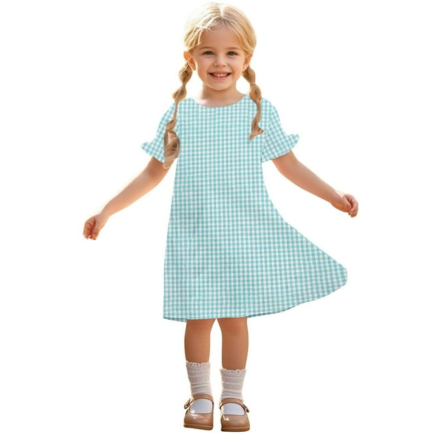 Zpanxa Robes d'Été pour Filles Décontractées à Manches Courtes Col Rond Imprimé Robe en Polyester Spandex Bleu Clair 4 Ans