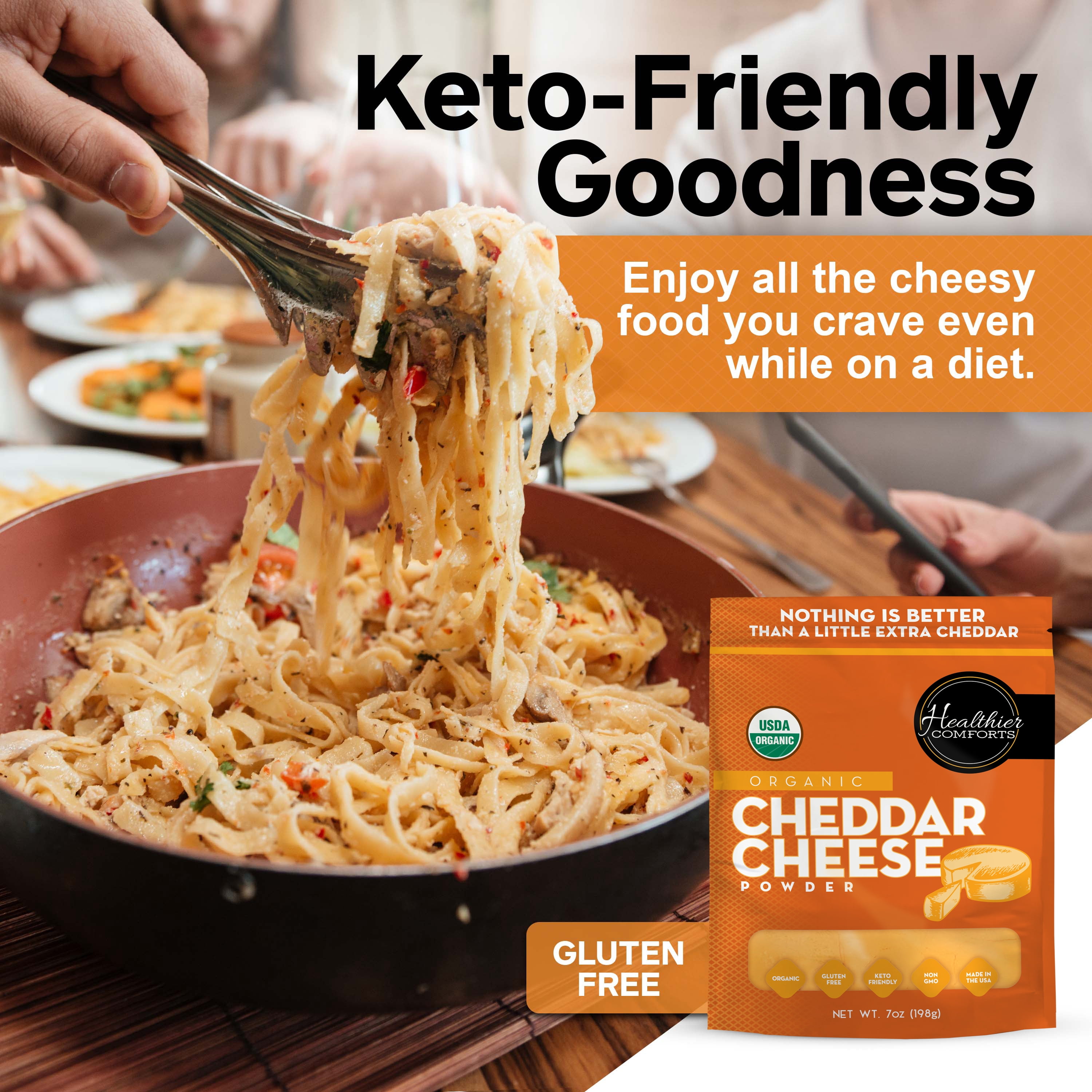 Healthier Comforts Organic Cheddar Cheese Powder 7oz | Gluten Free, Keto-Friendly, Non-GMO, Antibiotic & Hormone Free | Perfect for Popcorn Seasoning, Mac and Cheese, Pasta & Sauces