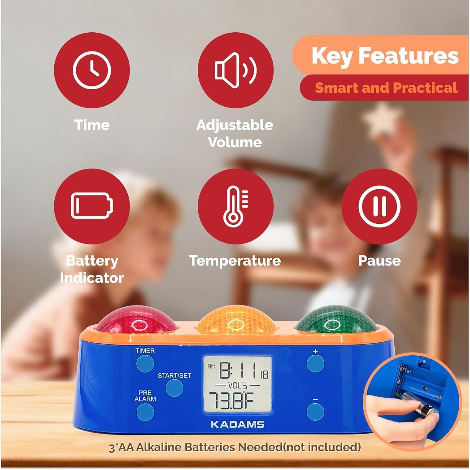KADAMS Visual Timer for Kids with Pre-Alarm Stop Light Concept, Clock with Indoor Temperature, Kindergarten Classroom Teacher Must Have, Time Management Gifts for Kids, Toddlers, Kindergardeners,ADHD