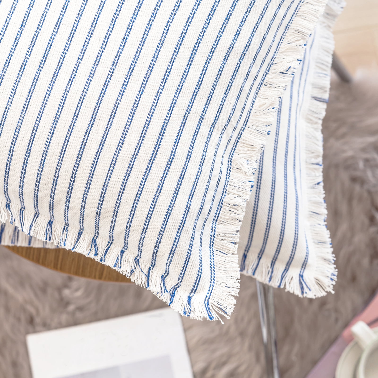Skodaer 2 Pack Boho Decorative Throw Pillow Covers with Fring Tassel Chic Striped Pillow Case,20"x20",Blue
