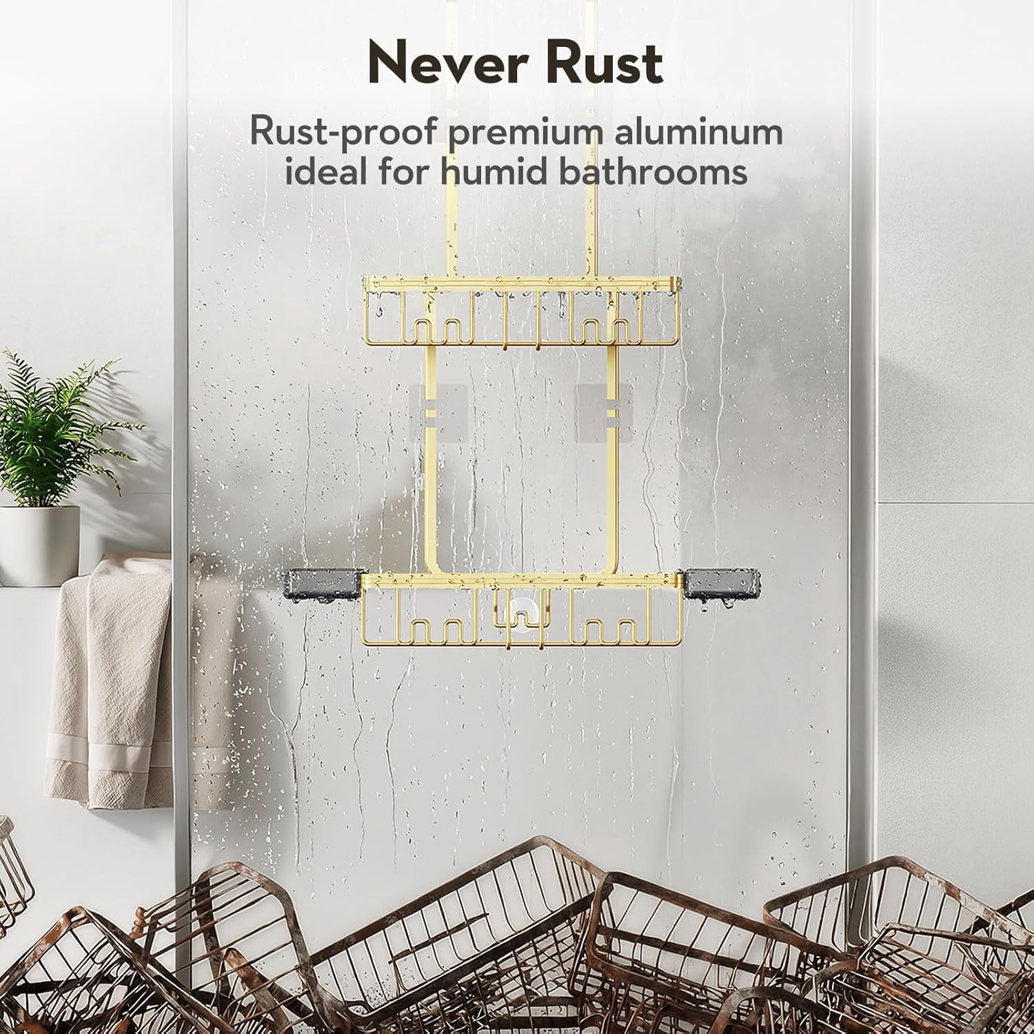 Over the Door Shower Caddy Hanging With Double Soap Holder Never Rust Hanging Shower Caddy With 4 Hooks Hanging Bathroom Organizer No Drilling Shelves for Bathroom Storage Gold