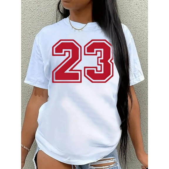 Women's Cotton 23 Graphic Tee Print T-Shirt Top Pure Cotton Round Neck Casual Short Sleev S-5XL