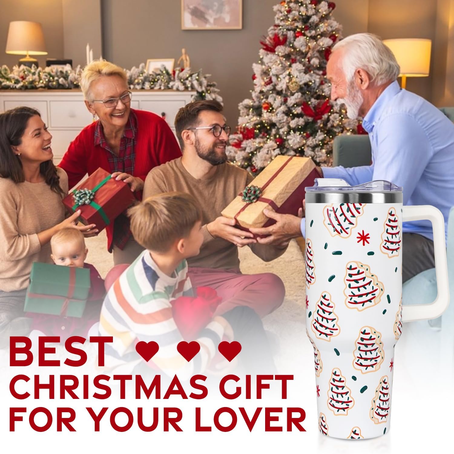 Christmas Cakes Tumbler with Handle and Straw Lid 40 oz,Cute Merry Xmas Tree Cake Gifts for Women Vacuum Insulated Leak Proof Tumbler,Winter Holiday Accessories Stainless Steel Coffee Cup Mug