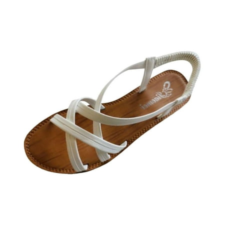 

ZIZOCWA Roman Sandals Summer Strap Round Toe Beach Women Slippers Solid Color Bohemian Style Elastic Band Flat Sandals Non-Slip White Size7