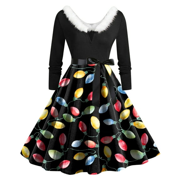 zaveiop Womens Christmas Dress 1950s Dress Snowflake Dress Plus Size Long Sleeve Cute Dress Holiday Plush V Neck Vintage Dresses Glitter Xmas Tree Print (Black, XL)