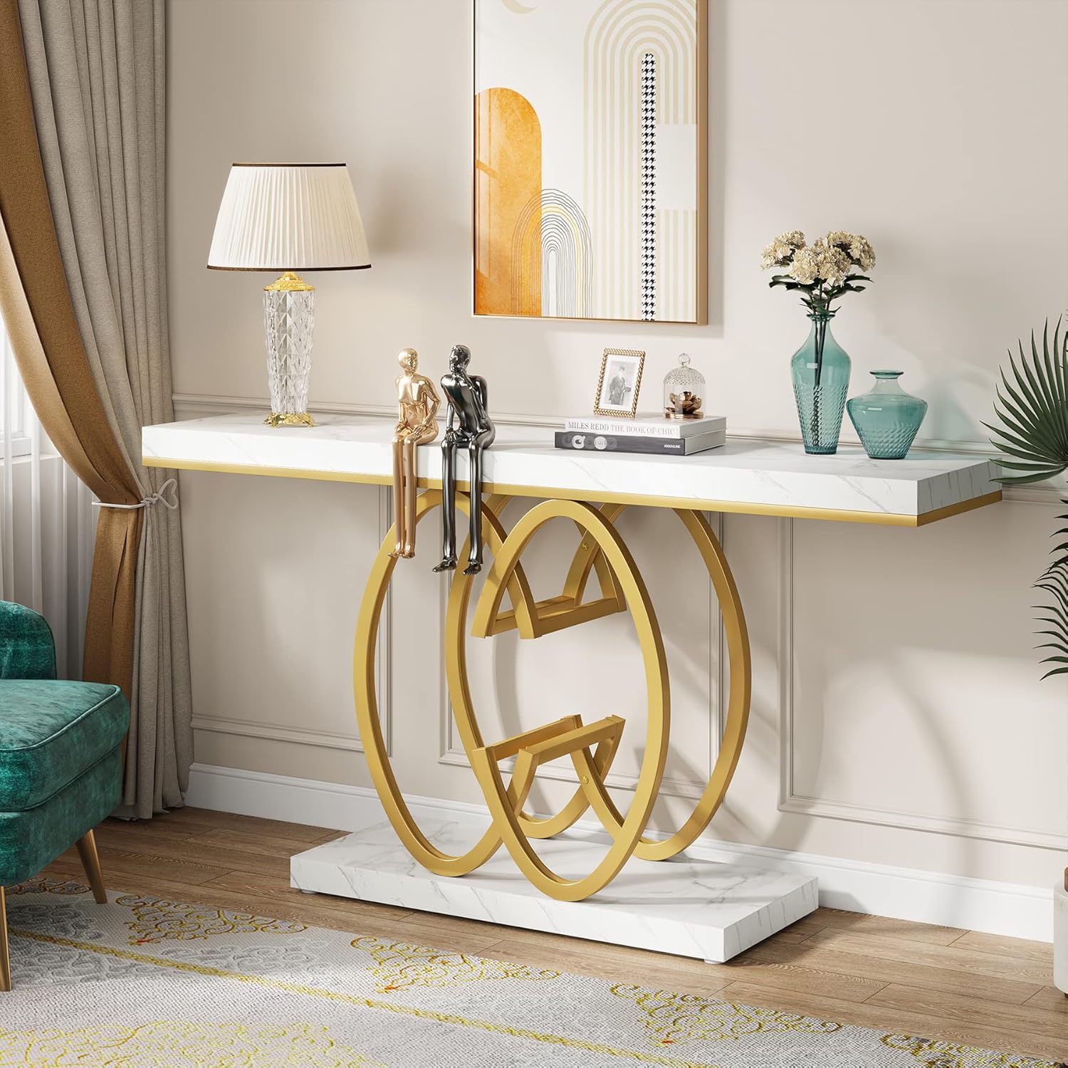 Tribesigns Modern Faux Marble Console Tables, 55.12" Narrow sofa Entryway Tables with Metal Base for Living Room, Hallway and Foyer,White & Gold