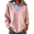thumbnail image 2 of Karymi Cute Tops for Women Fake Two Piece Collared V Neck Sweatshirt, Color Block Layered Shirt Long Sleeve Pullover Top, Fall Winter Daily Streetwear Outfits Womens Tops, 2 of 8