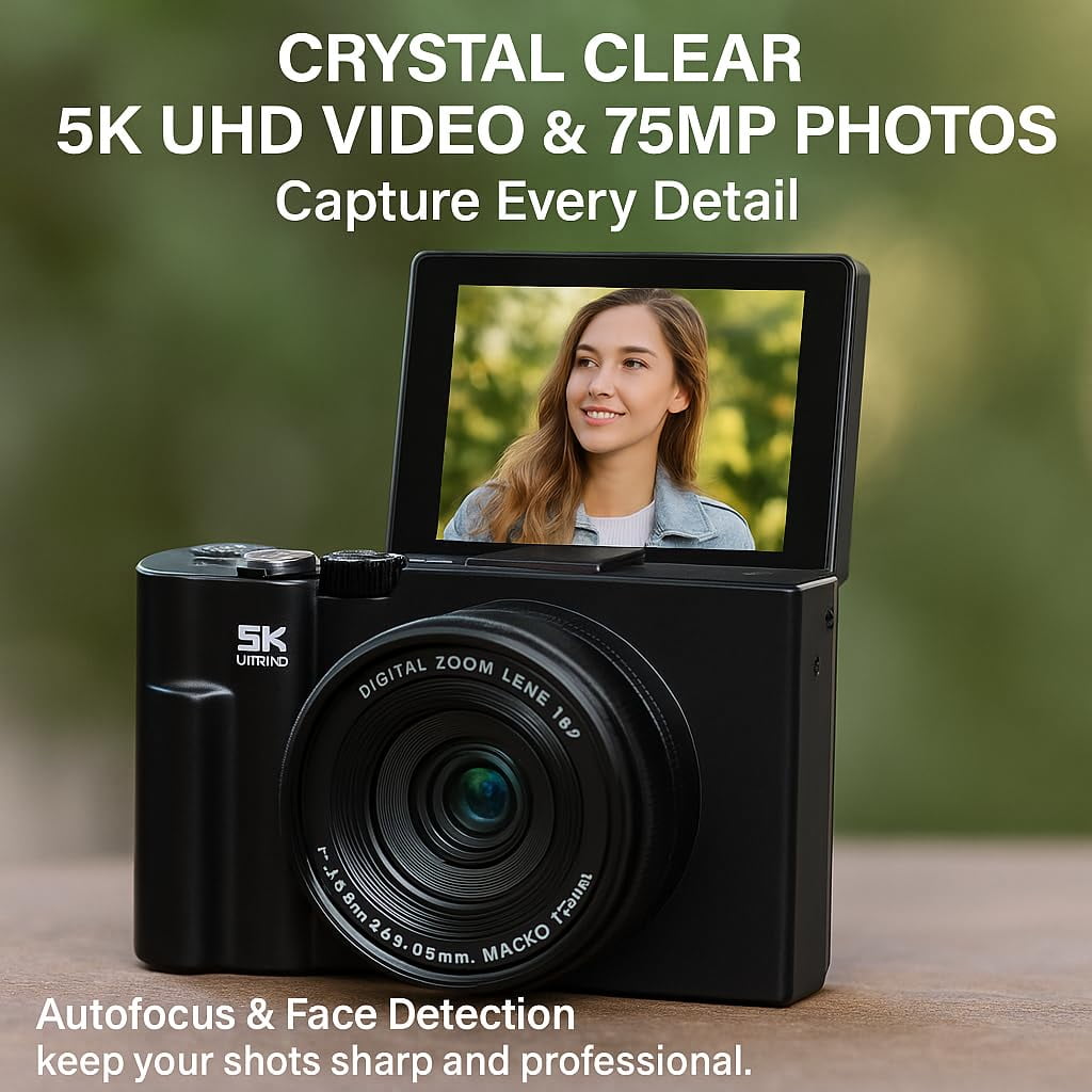 Acuvar 5K 75MP HD Digital Camera for Photography Vlogging Camera for YouTube 180° Flip Screen 18X Zoom Video Camera with WiFi 64GB SD Card Tripod Case Card Reader Macro Wide Angle Lens UV Filter Pink