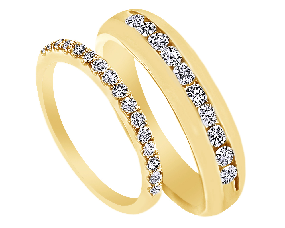 AFFY White Natural Diamond His And Hers Wedding Band Ring Set in 14K Yellow Gold (0.88 Cttw)