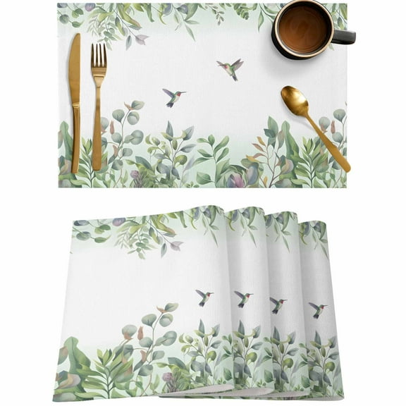Sage Green Eucalyptus Leaf Bird Placemats Set of 4,Wipeable Washable Table Mats for Dining Tables,Watercolor Leaves Place Mats for Kitchen Event Party Tabletop Decor