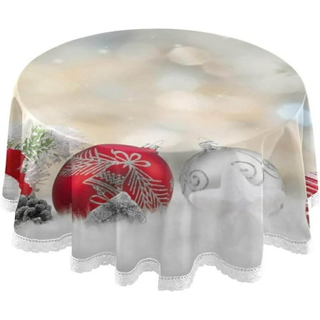 SKYSONIC 60" Christmas Balls Snow Round Tablecloth Winter Pine Tree Table Cloth Cover Mat Washable Polyester Dining Decorative for Holiday Home Picnic Party Wedding