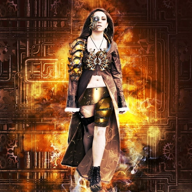 Long Coat Background Girl Fire Eye Steampunk Gear 12 Inch By 18 Inch Laminated Poster With Bright Colors And Vivid Imagery Fits Perfectly In Many Attractive Frames Walmart Com Walmart Com