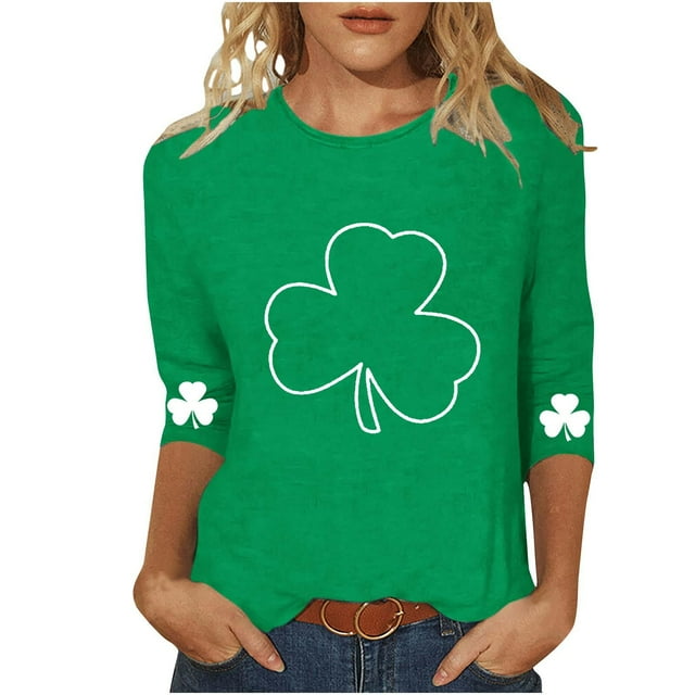 vdgthytj T-Shirts pour Femmes de la Saint-Patrick à Manches 3/4, Grande Taille, Col Ras du Cou, Trèfle, T-Shirt Graphique pour les Fêtes