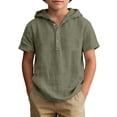thumbnail image 3 of Lumosvexa Boys Hooded Linen Shirt Lightweight Short Sleeve Breathable Summer Vacation Button Up Shirt Army Green 5, 3 of 10
