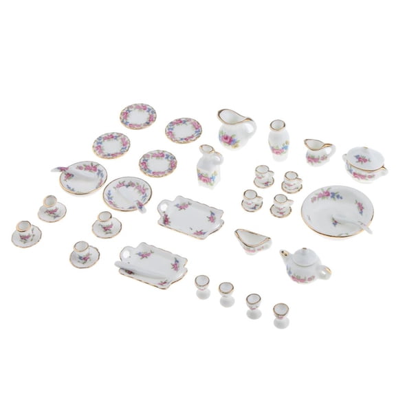 JWQFBC 1/12 Dollhouse Miniature Rose Flowers Design Porcelain Dinning Ware Tea Set Cup