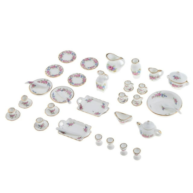 40 piezas 1:12 casa de muñecas miniaturas comedor juego de té rosa