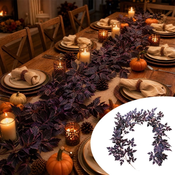 Tryvkinvive 5.91ft Artificial Plum Cimicifuga Seeded Fall Garland Vine Cimicifuga Ramosa Leaf Plant for Halloween Fireplace Mantle Garden Autumn Home Decoration, Purple