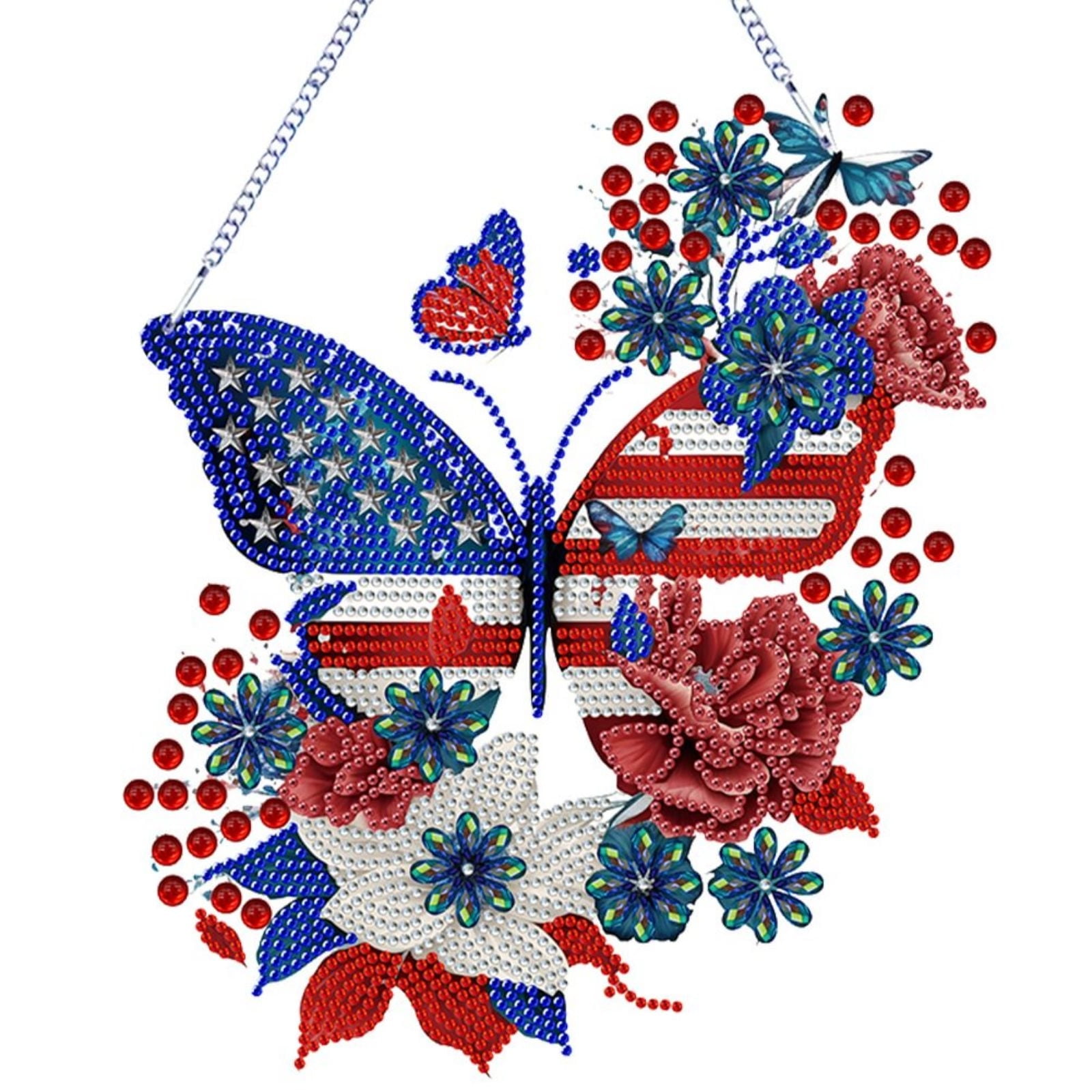 FLOPESN 2PCS DIY Diamond Pendant Diamond Art Painting Independence Day USA Butterfly Creative Design PVC Home Decoration Pendant (Single Side Diamond)