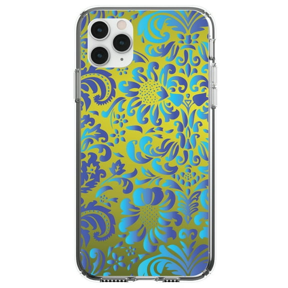 DistinctInk Clear Shockproof Hybrid Case for iPhone 11 Pro (5.8" Screen) - TPU Bumper, Acrylic Back, Tempered Glass Screen Protector - Green Blue Teal Floral Pattern