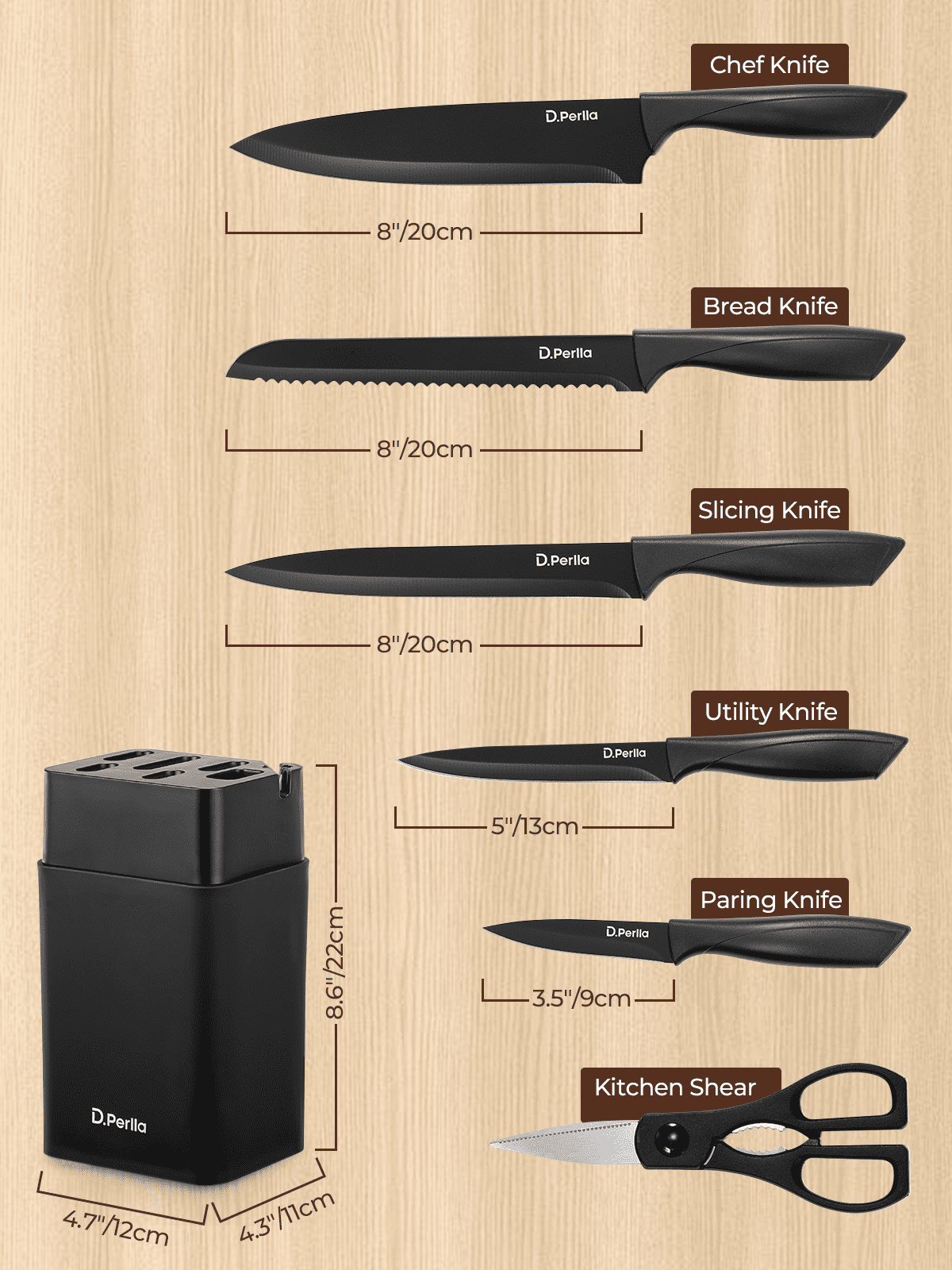 D.Perlla Knife Set, 7 Pieces Stainless Steel with Sharpener and