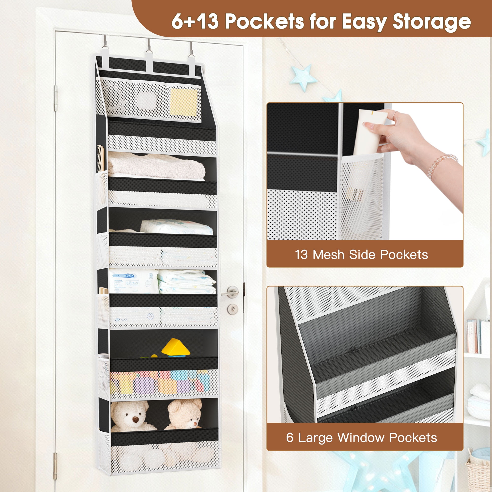 Criusia 6-Shelf Fabric Over the Door Organizer, Thickened non-woven fabric Closet Hanging Storage, 3 Pcs upgrade hooks, 55lbs Capacity, Black