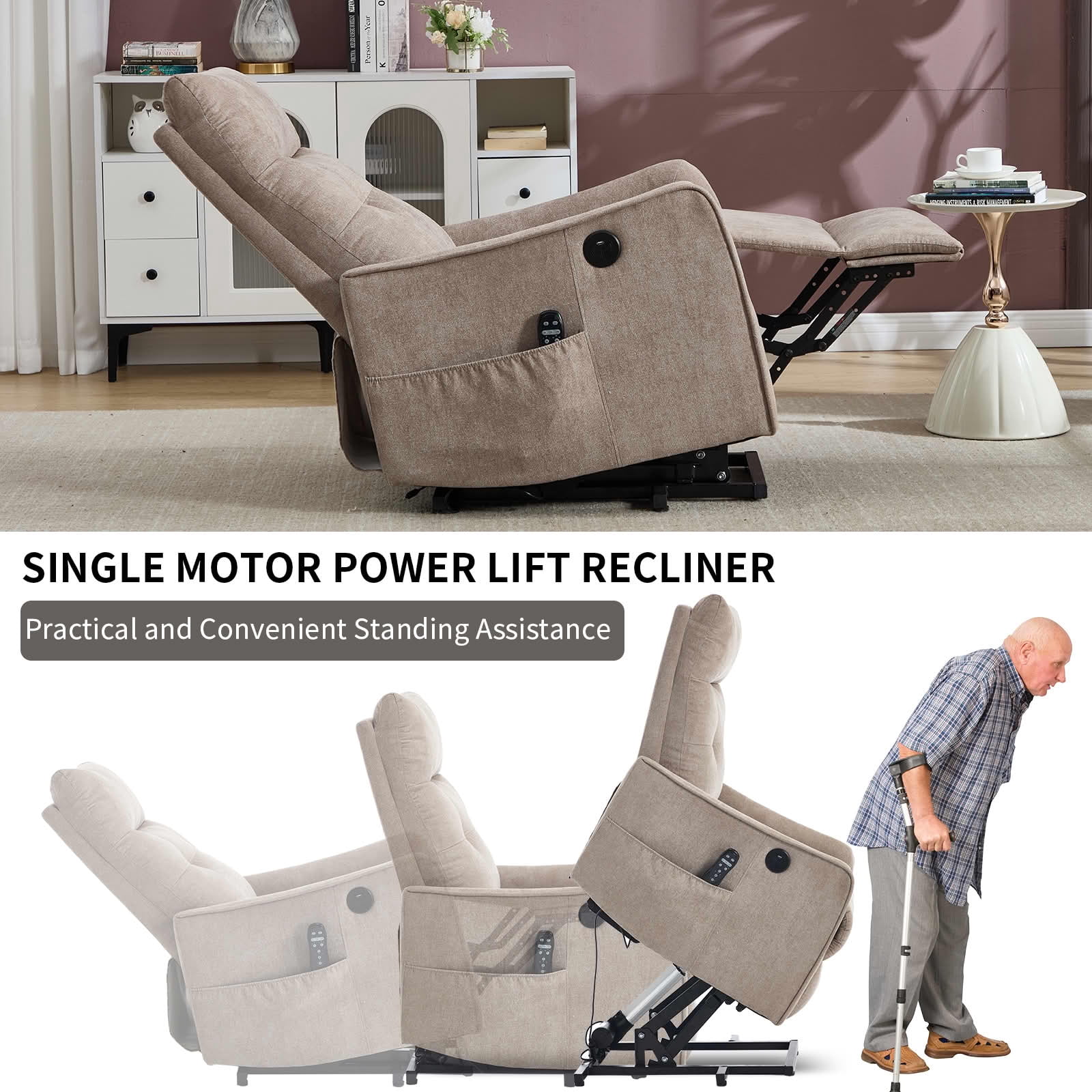 MAYEERTY Khaki Chenille Power Lift Recliner Chair, Massage Heat USB Port 25"x36"x39" for Elderly