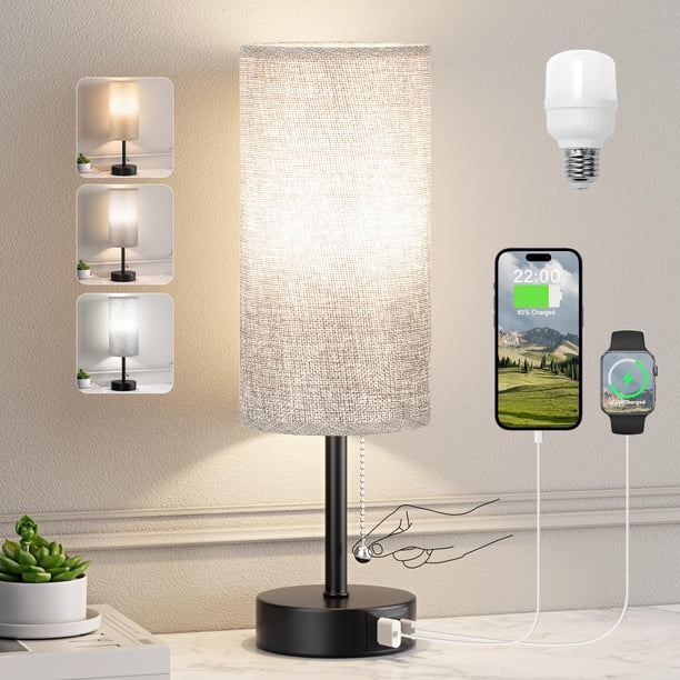 Lámpara de mesa PartageiZ gris para mesita de noche con USB A+C y luz LED de 3 temperaturas de color