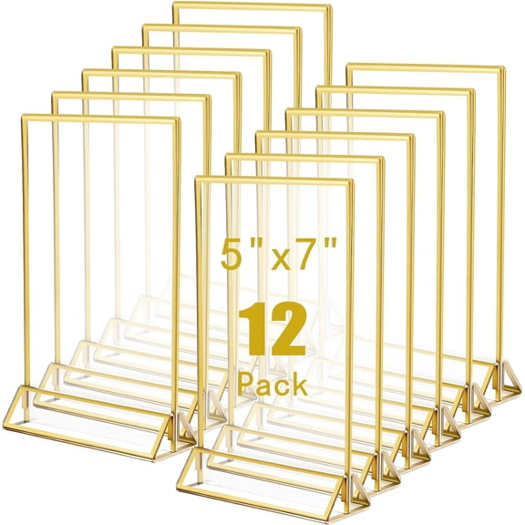 12 Pack Acrylic Sign Holders,5x7in Double Sided Table Menu Display Stand,Clear Acrylic Sign Holder with Gold Borders and Vertical Stand,Gold Sign Holders for Wedding Table Number,Photo