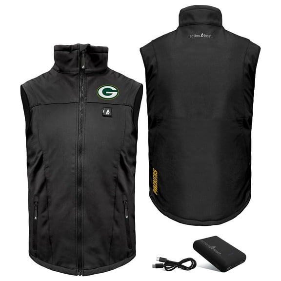 Men's ActionHeat Black Green Bay Packers 5V Softshell Battery Heated Full-Zip Vest