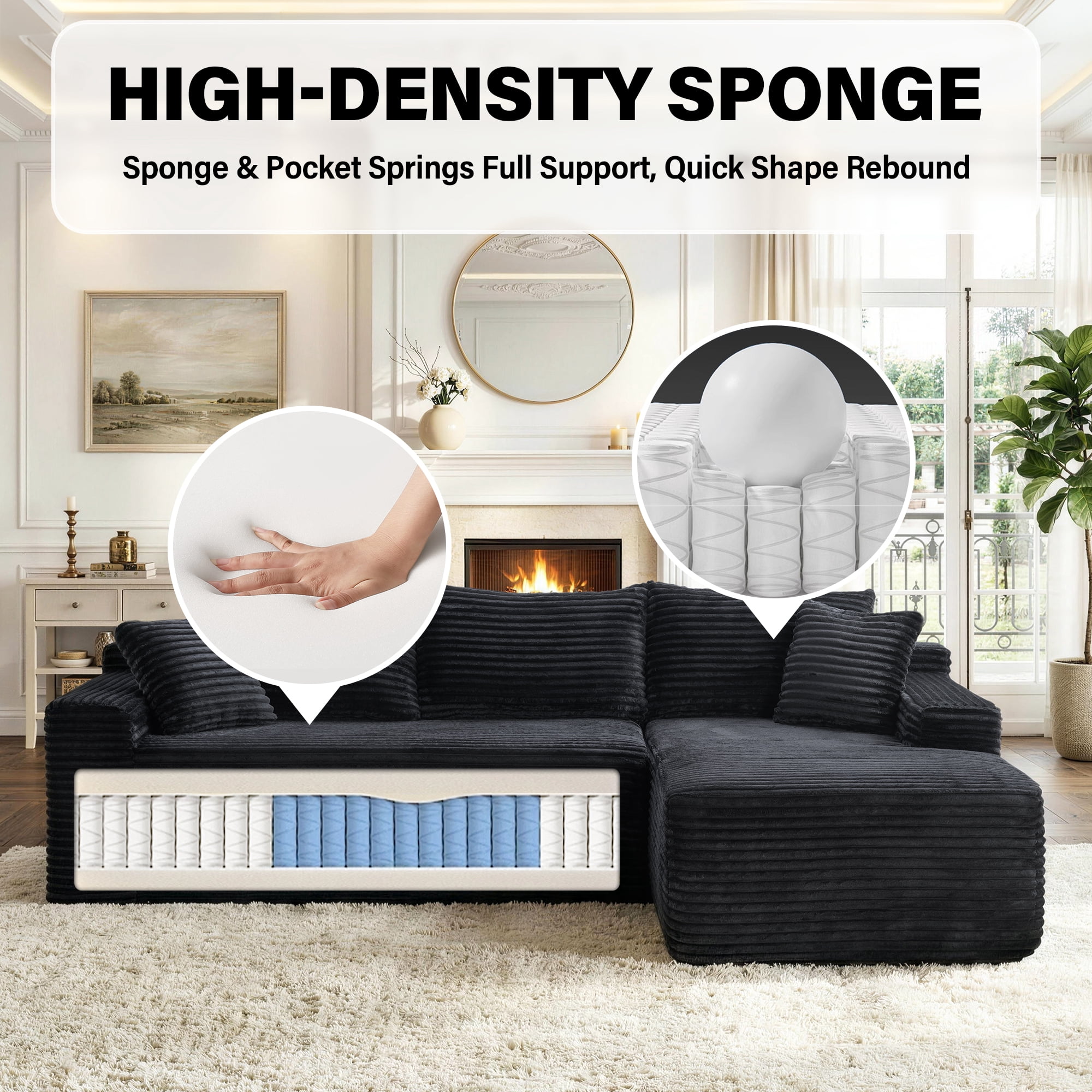 Aukfa 96" L-Shaped Cloud Sectional Sofa, Modular Boneless Couch with Deep Seat&Right-Facing Chaise for Living Room, Corduroy, Black