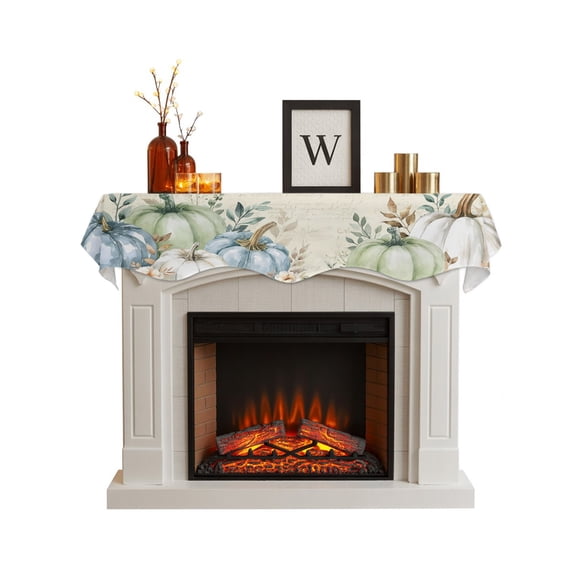 Blue Pumpkin Fall Fireplace Mantel Scarf Cover 70"Wx17"L,Fireplace Mantel Shelf Top Runner,Green Thanksgiving Leaves Pastoral Mantle Dresser Scarves Table Runner for Holiday Party Living Room Decor