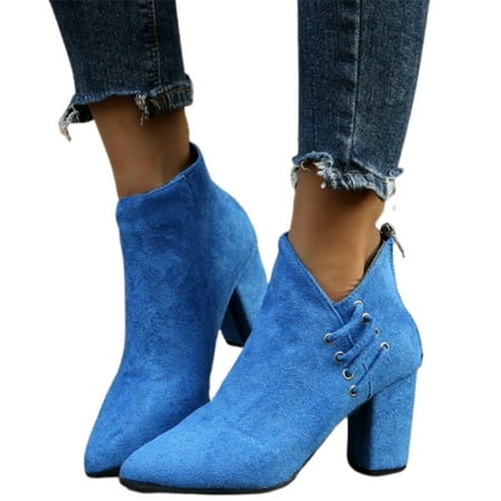 

Juebong Fashion Women Casual Suede Chunky Block Heel Pointed Bare Boots Back Zipper Solid High Heel Shoes Blue Size 4