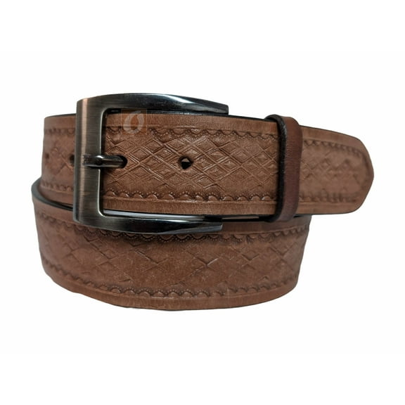 Leather Belt Casual Work Western Wear Cowboy Diamond Tooled Tan - 32