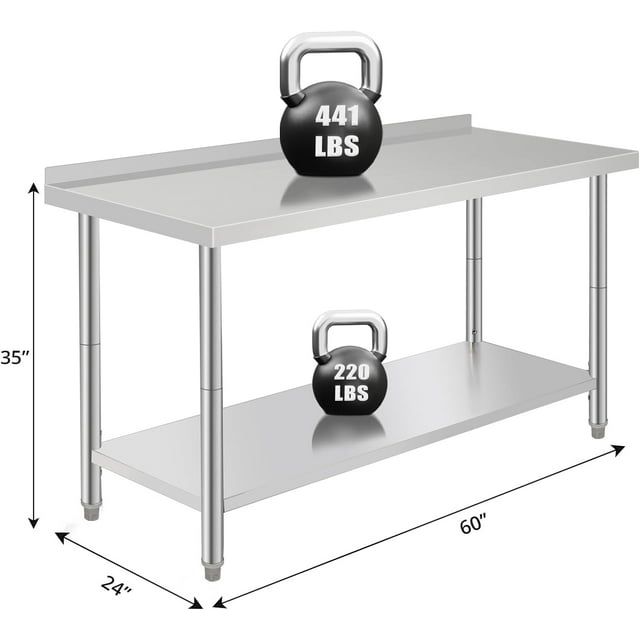 Table de Travail en Acier Inoxydable Robuste - Station de Préparation 60x24x35 Pouces avec Tablette Inférieure Réglable, Support à Déchets Amovible, Crochets à Outils, Dosseret - Taille : 60*24*35 Pouces