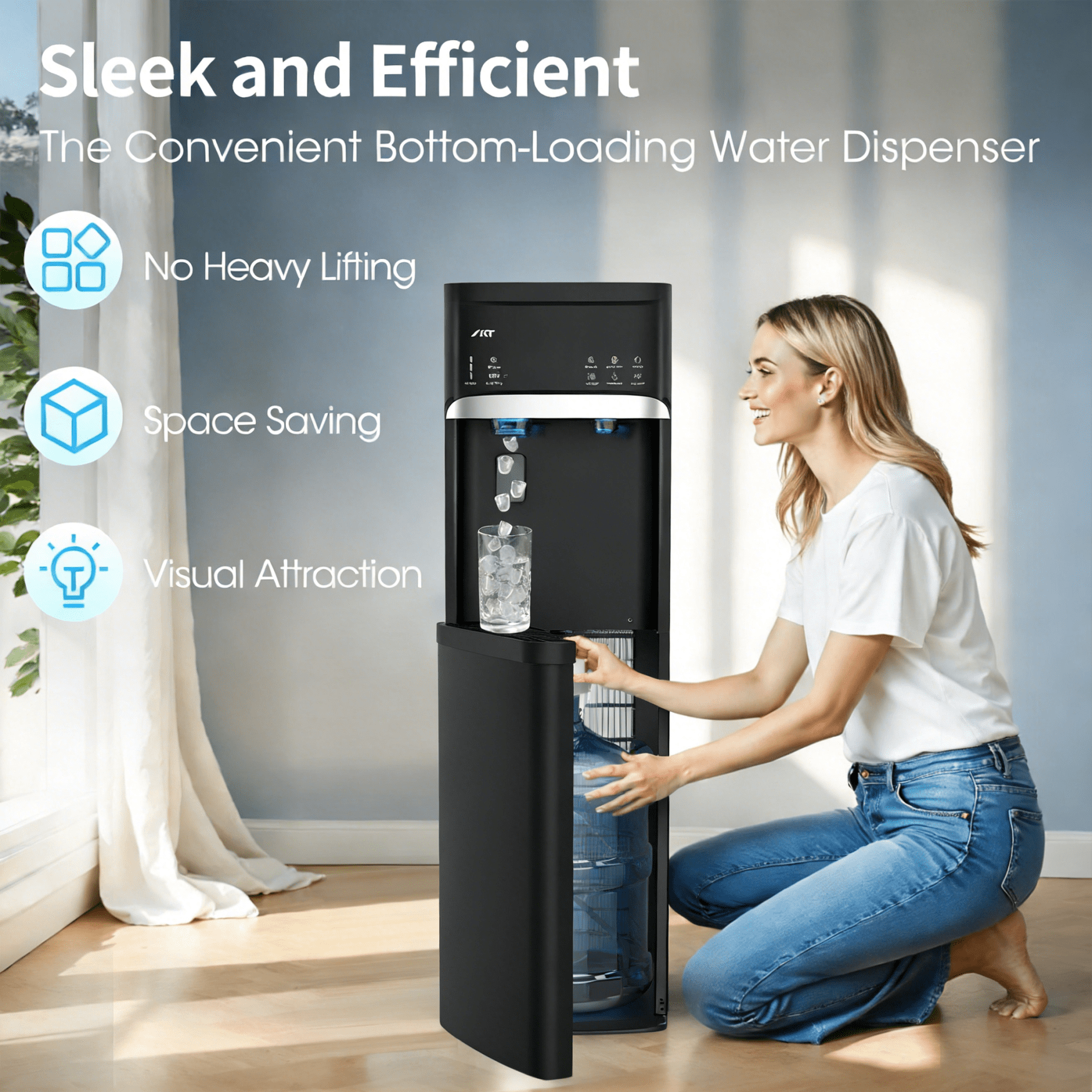 IKT Bottom Loading Water Dispenser with Ice Maker,for 5 Gallon,3 Temperature,22lbs Within 24hrs,Child safety lock,Empty Bottle Indicator, Black