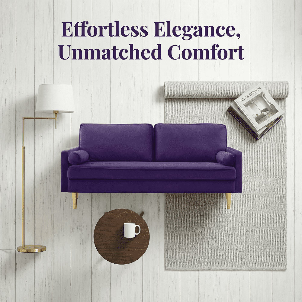 65" Velvet Upholstered Small Loveseat Couch, 2 Seater Sofa with Pine Wood Frame, Comfortable Loveseat with High-Density Sponge for Living Room, Purple