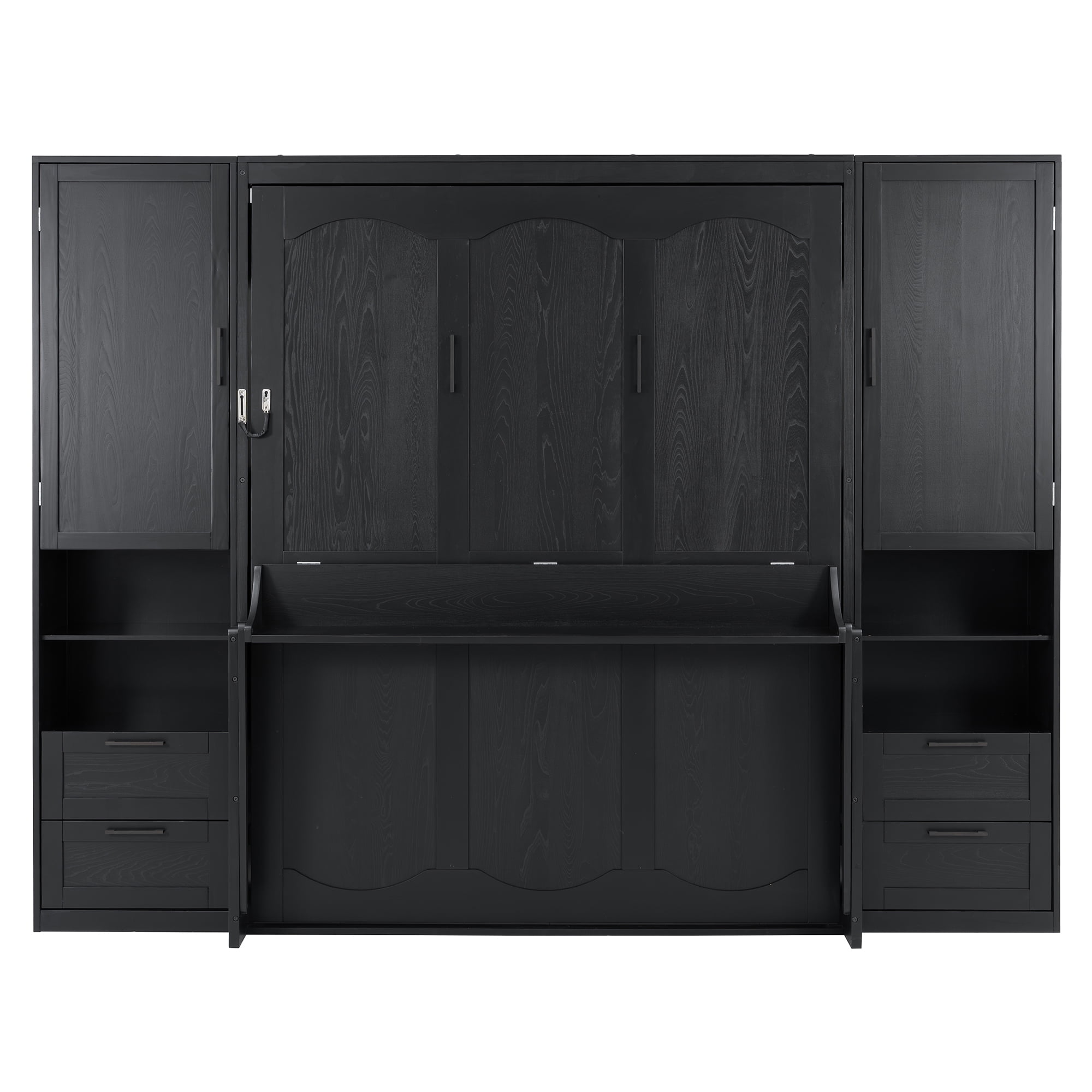 Aukfa Queen Size Murphy Bed with Closet, Desk, Drawers & Shelves, Space-Saving Wall Bed Cabinet for Small Spaces, Studio, Home Office & Guest Room, Black