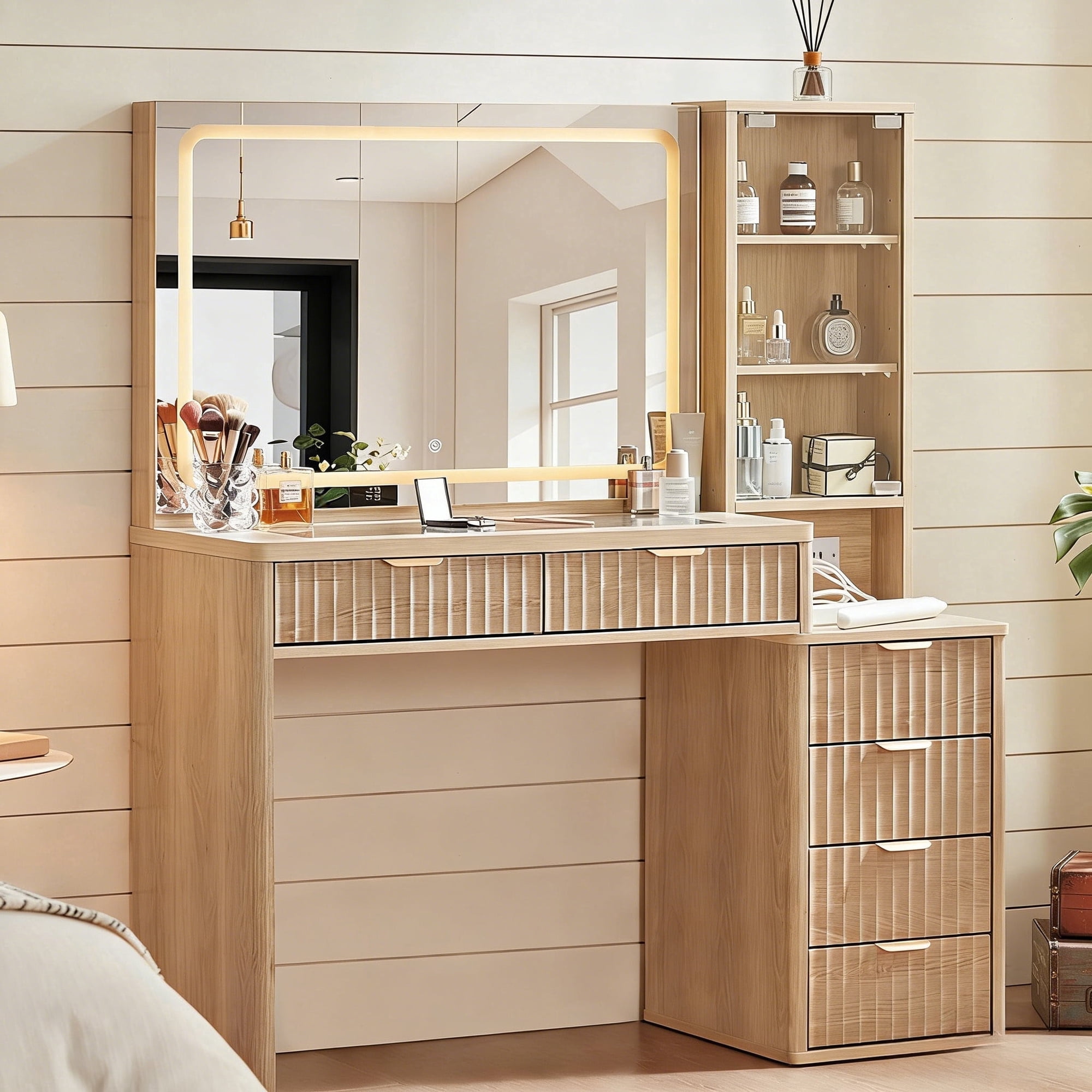 Buildhom Fluted Makeup Vanity with Mirror & Lights, 43.5" 6-Drawer Dressing Table with Power Outlet & Adjustable Shelves for Bedroom, Wood