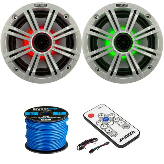 1 Pair (2 Speakers Total) of Kicker 6.5" OEM Replacement 195W Marine Coaxial 2-Way MultiColor LED Speakers (White Grilles), LED Lighting Remote Controller, 16-Gauge Speaker Wire