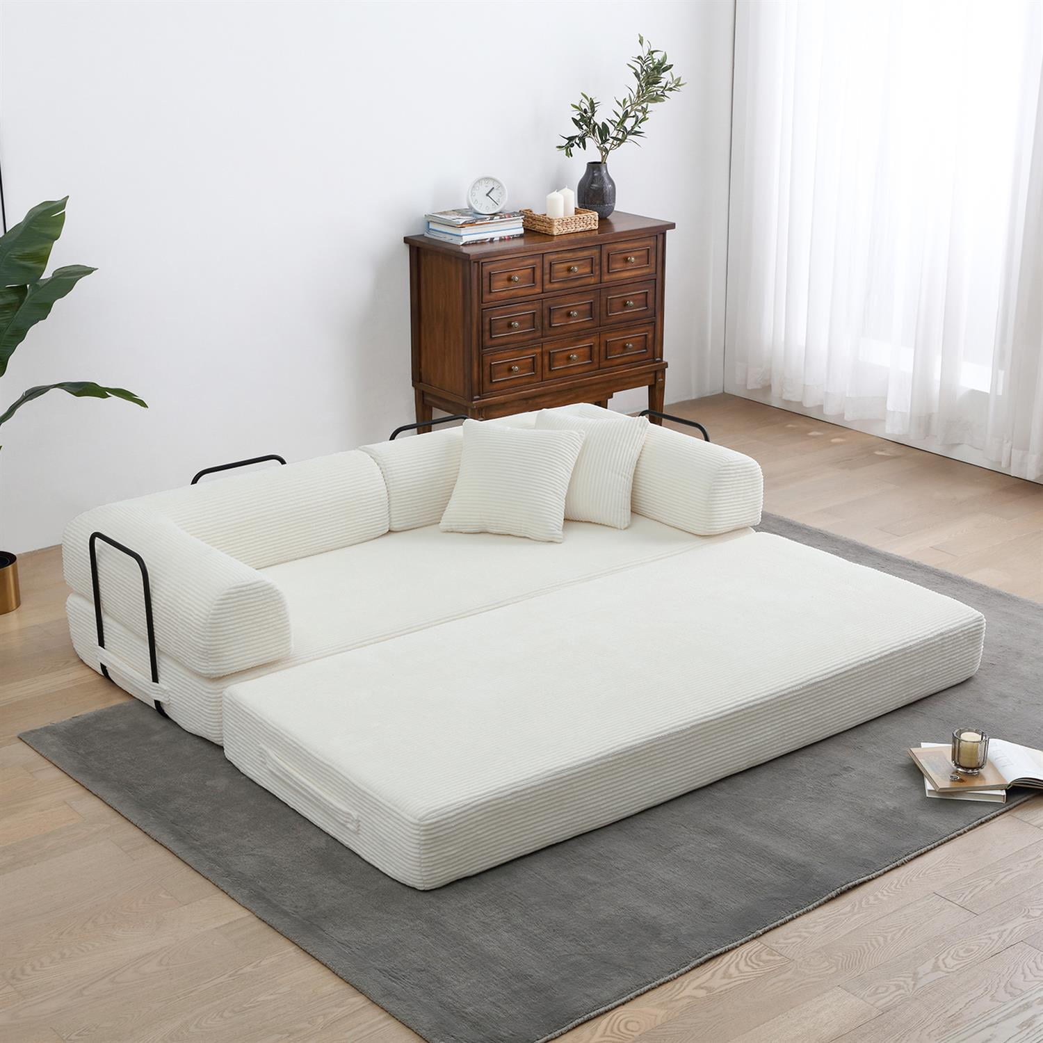 Demi Bonn 77" Convertible Sleeper Sofa Bed, Corduroy Foldable Mattress Couch with Cylindrical Pillow & Fixed Frame for Living Room, Bedroom, White