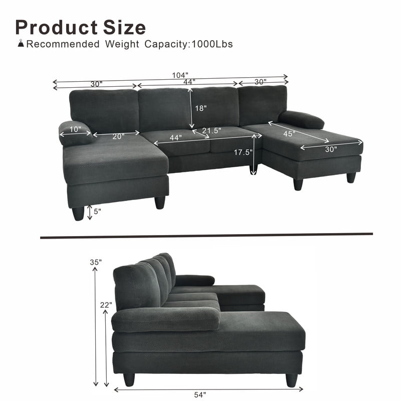 Upholstered U-Shaped Sectional Sofa, Deep Seat Sofa Couch with Dual Chaise, Plush Armrests, Modular Sofa for Living Room Apartment