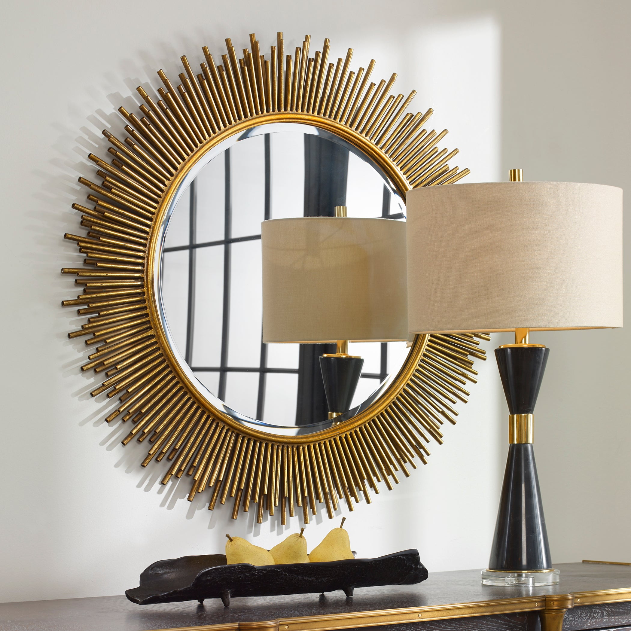 Transitional Sunburst Round Wood & Gold Mirror 36"