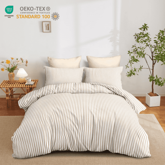 3 Pieces Khaki Striped Comforter Set Vertical Stripes Pattern Bedding Set Farmhouse Breathable Durable Soft Queen Quilt Set for All Season