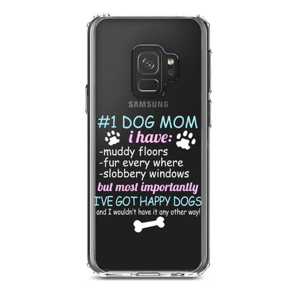 DistinctInk Clear Shockproof Hybrid Case for Samsung Galaxy S9 (5.8" Screen) - TPU Bumper Acrylic Back Tempered Glass Screen Protector - #1 Dog Mom - I've Got Happy Dogs