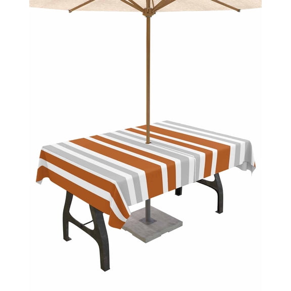 Lsrtoss Outdoor Tablecloth with Umbrella Hole & Zipper, Burnt Orange Grey Stripe Rectangle Tablecloth 54x80 Inch, Farmhouse Minimalist Striped Patio Table Cover Waterproof Table Cloth for Picnic